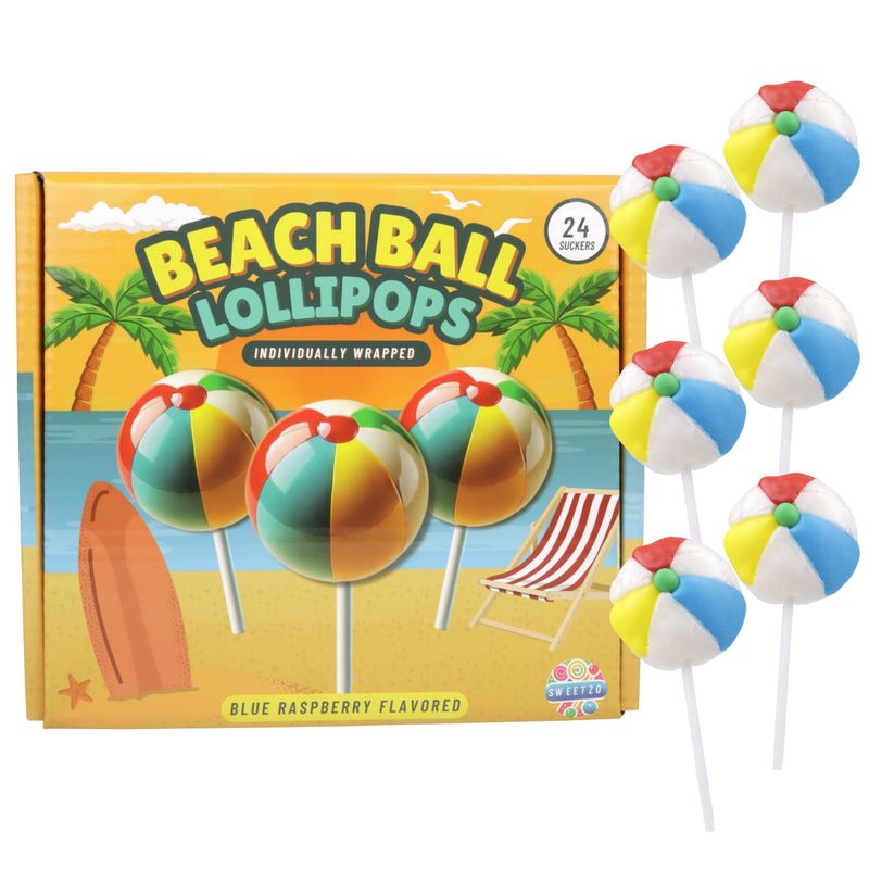 Beach Ball Lollipops, Individually Wrapped Blue Raspberry Suckers, Tropical Party Favors, 24 Count, 10.16 Ounces