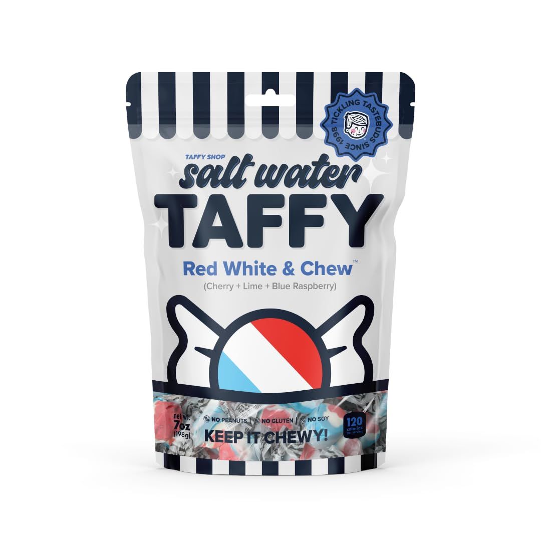 Taffy Shop Red White &amp; Chew, Cherry Lime Blue Raspberry Salt Water Taffy - Gourmet Soft Chewy Candy, Bulk Sweet Snack, Fresh Gift &amp; Gluten-Free, 35 Individually Wrapped Pieces (7oz)