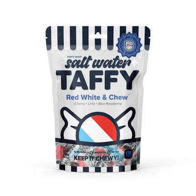Taffy Shop Red White &amp; Chew, Cherry Lime Blue Raspberry Salt Water Taffy - Gourmet Soft Chewy Candy, Bulk Sweet Snack, Fresh Gift &amp; Gluten-Free, 35 Individually Wrapped Pieces (7oz)