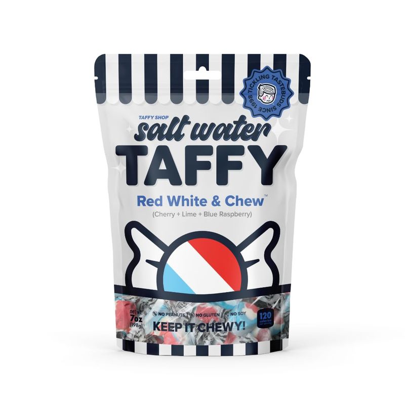 Taffy Shop Red White &amp; Chew, Cherry Lime Blue Raspberry Salt Water Taffy - Gourmet Soft Chewy Candy, Bulk Sweet Snack, Fresh Gift &amp; Gluten-Free, 35 Individually Wrapped Pieces (7oz)