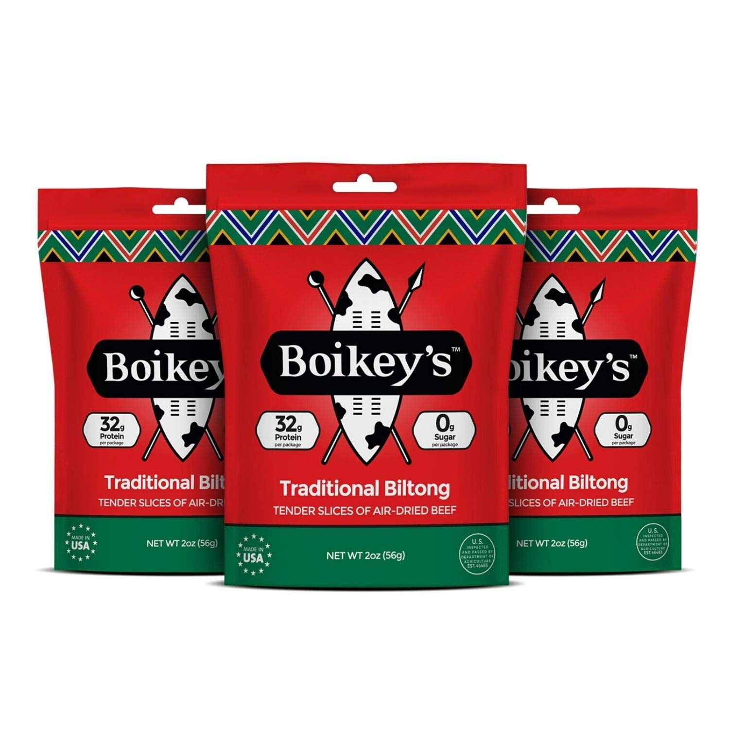 Boikeys Biltong  South African Style Beef Jerky. Gluten Free. No Sugar. Keto Friendly. (Traditional, 3 pack - 2 ounce pouches)