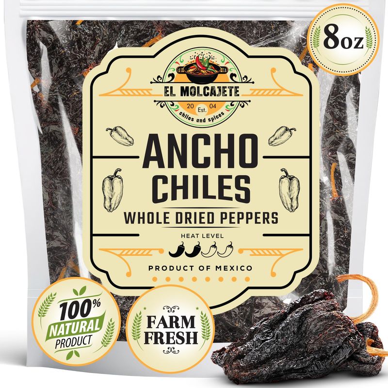 Dried Ancho Chile Peppers 8oz - All Natural, Mild to Medium Heat with Sweet &amp; Smoky Flavor. For Mexican Mole, Sauces, Stews, Salsa, Meats, and Enchiladas by El Molcajete