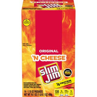 Slim Jim Beef &#39;N Cheese Smoked Meat Sticks, Original Flavor, 7g Protein Per Serving, Easter Basket Stuffer, 1.15 oz. (14 Count)