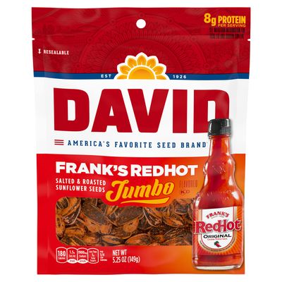 DAVID Seeds Frank&#39;s RedHot Flavored Salted &amp; Roasted Jumbo Sunflower Seeds, 5.25 oz.