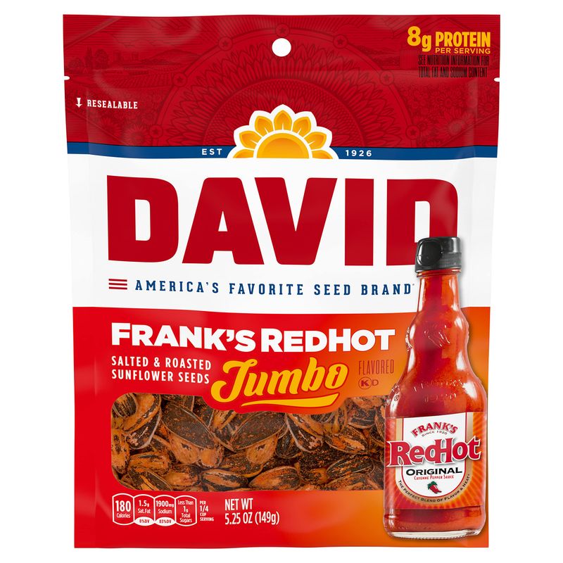 DAVID Seeds Frank&#39;s RedHot Flavored Salted &amp; Roasted Jumbo Sunflower Seeds, 5.25 oz.