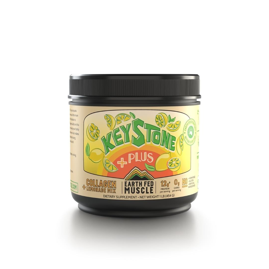 Earth Fed Muscle Keystone Plus Collagen Peptides Powder Lemonade Mix - Full Absorption - Supports Hair, Skin, Nails, Joints &amp; Workout Recovery - Sugar Free, Gluten Free, Keto Friendly, 33 Servings