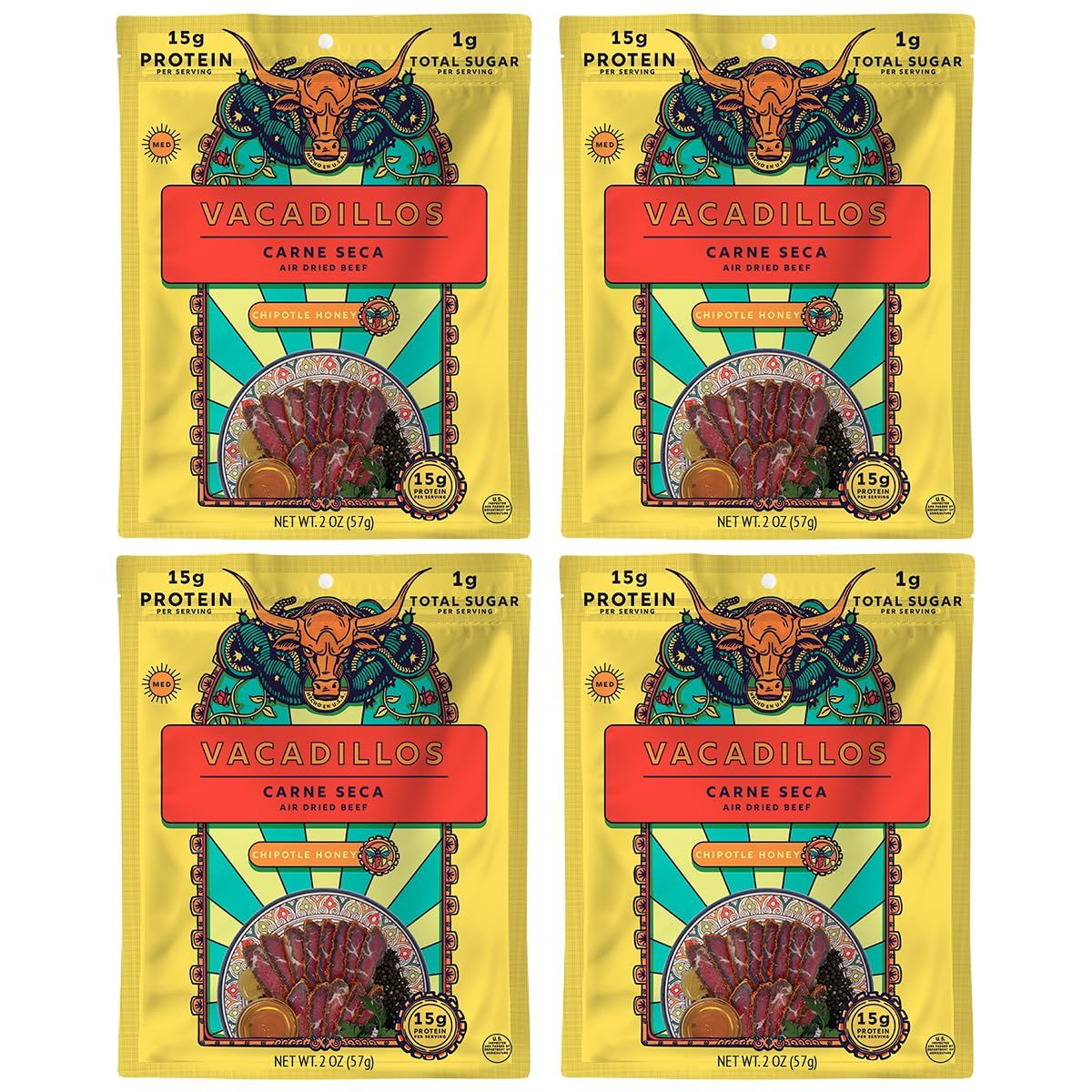 Vacadillos - High Protein Carne Seca  30g Protein, Sugar Free, Carbs Free, Gluten Free, Dairy Free, Keto &amp; Paleo Friendly  Mexican Inspired Beef Jerky Snack  Chipotle Honey, Pack Of 4