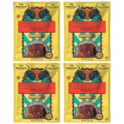 Vacadillos - High Protein Carne Seca  30g Protein, Sugar Free, Carbs Free, Gluten Free, Dairy Free, Keto &amp; Paleo Friendly  Mexican Inspired Beef Jerky Snack  Chipotle Honey, Pack Of 4