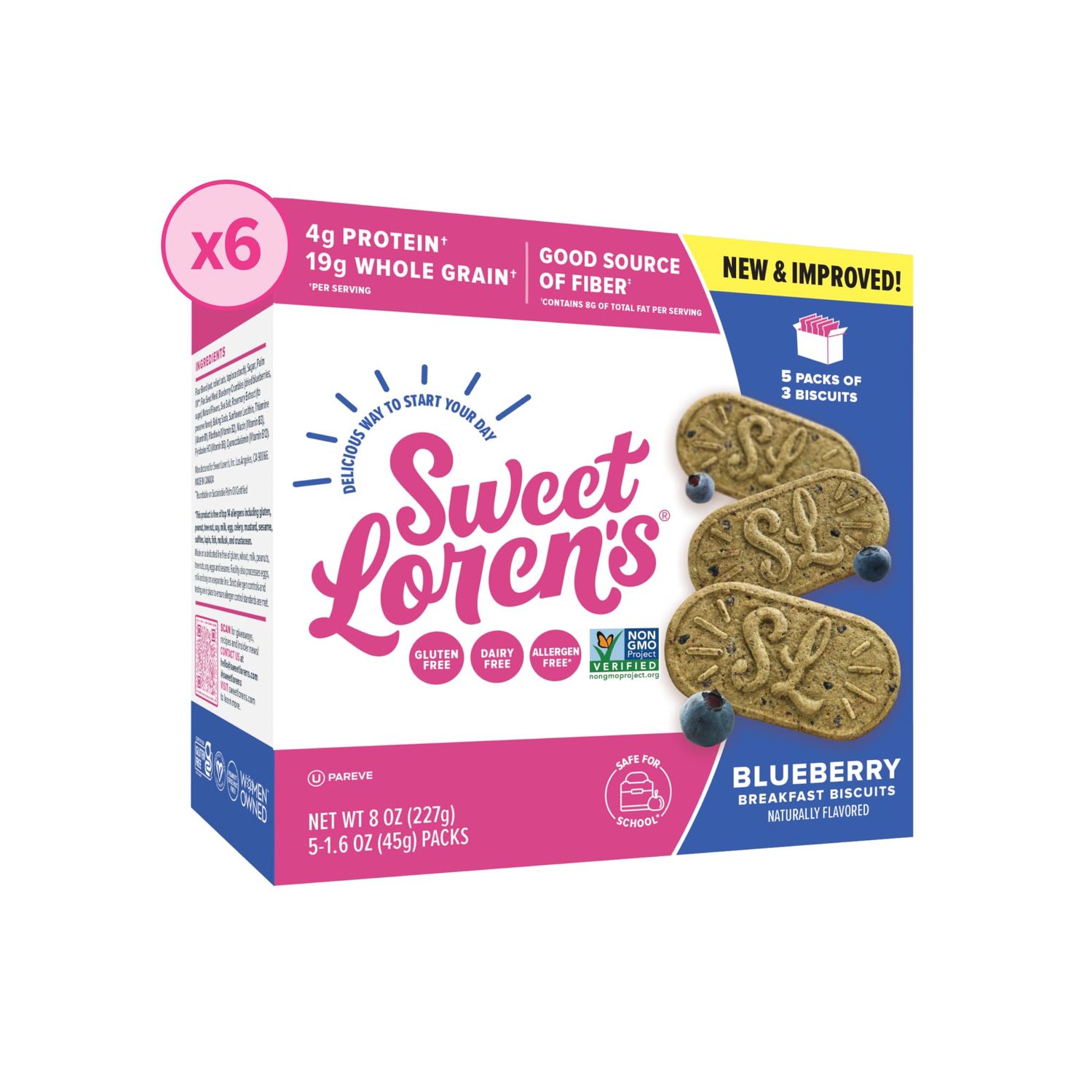 Sweet Loren&#39;s Vegan Breakfast Biscuits  Blueberry  4g Protein, 19g Whole Grains  Plant Based, Gluten Free, Dairy Free, Nut Free Snacks  6 Pack (30 Total Biscuits, 1.6 ounce each)