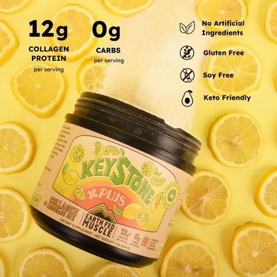 Earth Fed Muscle Keystone Plus Collagen Peptides Powder Lemonade Mix - Full Absorption - Supports Hair, Skin, Nails, Joints &amp; Workout Recovery - Sugar Free, Gluten Free, Keto Friendly, 33 Servings