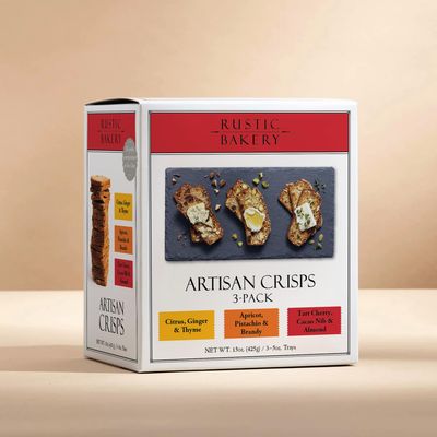 Rustic Bakery Artisan Crisps Multi Pack - Citrus Ginger &amp; Thyme, Apricot Pistachio &amp; Brandy and Tart Cherry, Cacao Nib, &amp; Almond - Made in California - One 5 oz Pack of Each Flavor (3) - 15 Oz Box