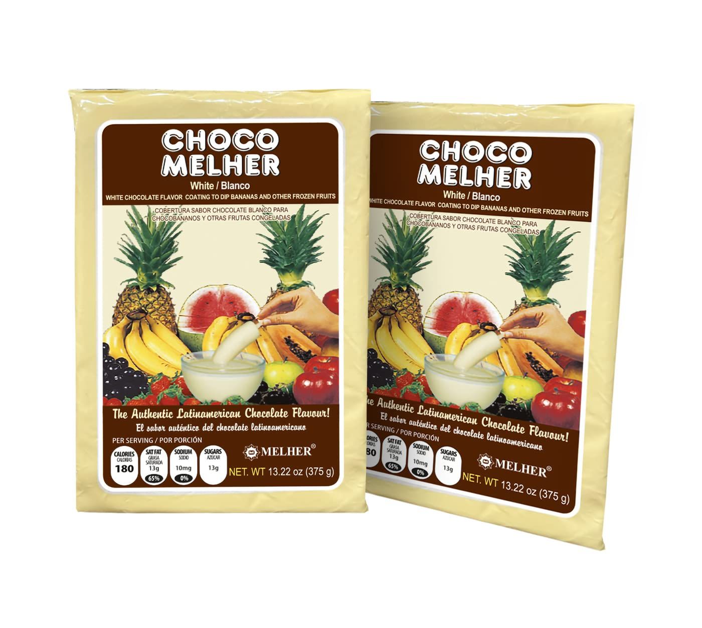 CHOCOMELHER Blanco - 2 Pack Milk White Chocolate Melts for Chocobananos - Coating Chocolate - Best to Cover Frozen Bananas &amp; Strawberries - Traditional Snack from El Salvador - 2 of 13.22 oz Bags.