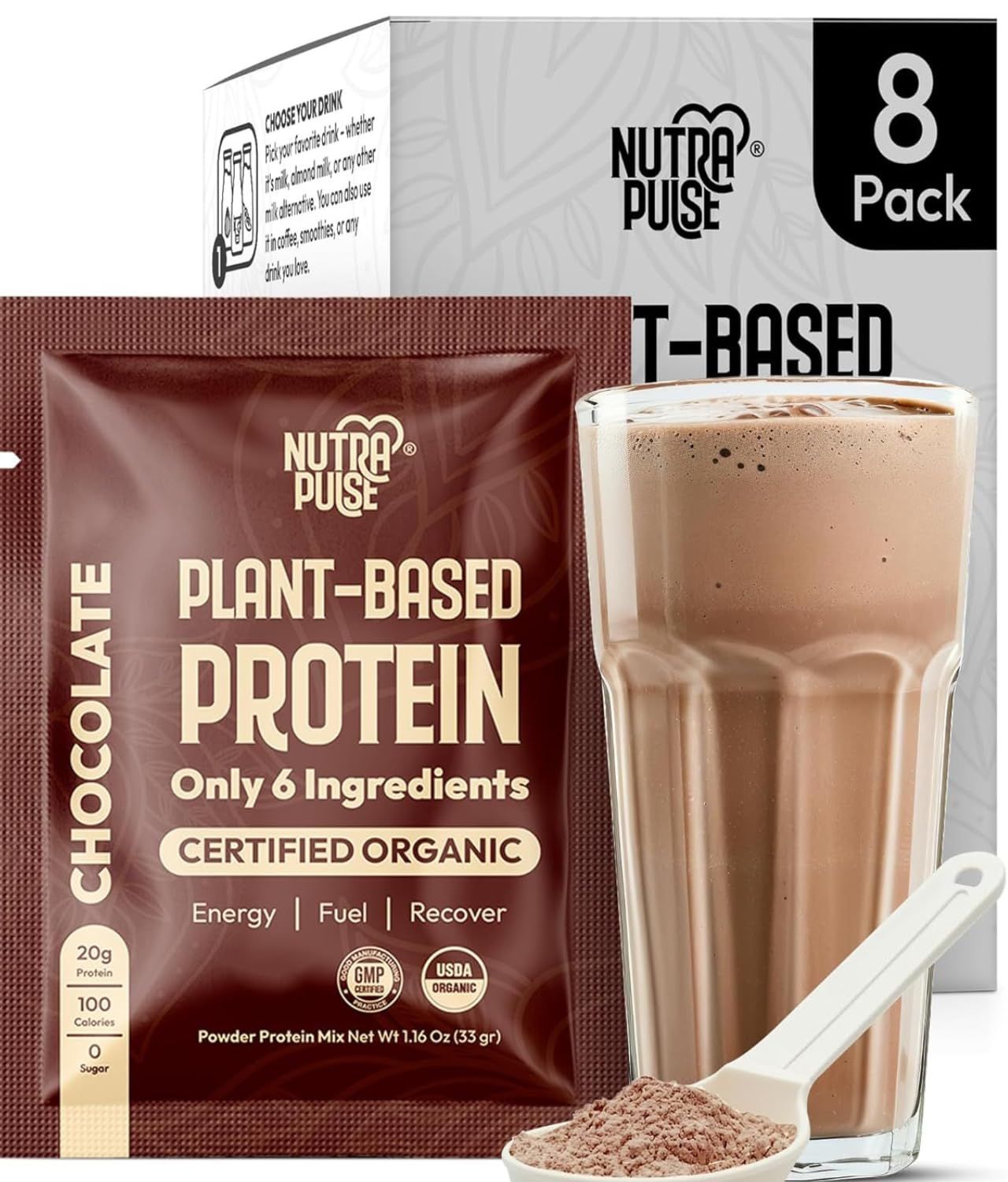 NUTRAPULSE Organic Vegan Protein Powder Sample Pack - Plant-Based Protein, Gluten-Free, Non GMO, 20g Protein Per Serving, Great for Smoothies &amp; Shakes (Chocolate, Pack of 8)