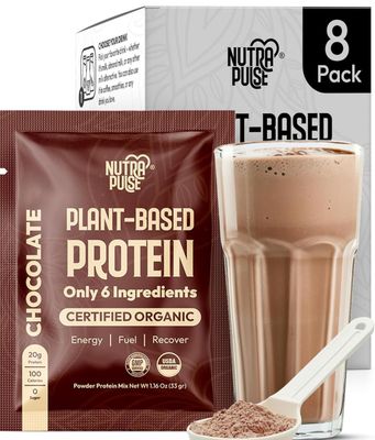 NUTRAPULSE Organic Vegan Protein Powder Sample Pack - Plant-Based Protein, Gluten-Free, Non GMO, 20g Protein Per Serving, Great for Smoothies &amp; Shakes (Chocolate, Pack of 8)