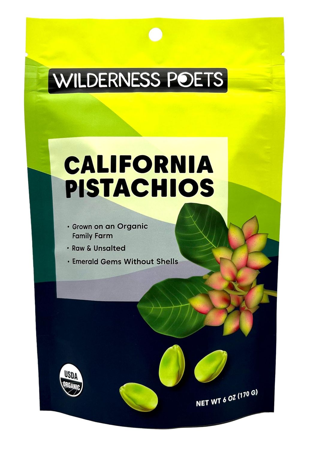 Wilderness Poets, Organic, Whole, Raw Pistachios - Grown in California, Fresh, Bright Green, Unsalted, Unroasted, (6 Ounce - 170g)