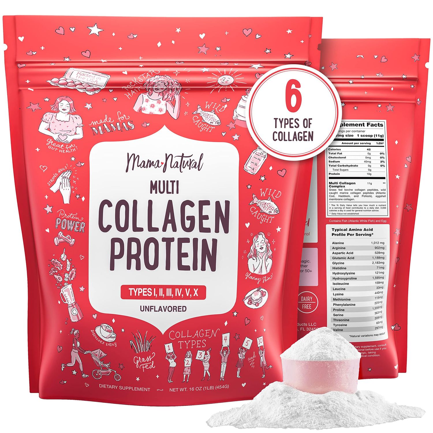 Multi Collagen Protein Powder Type I II III IV V X - Unflavored &amp; Hydrolyzed 16Oz Pure Collagen Peptides Powder - Grass Fed Beef, Wild Fish Marine &amp; USA Eggshell - Whole Body Collagen