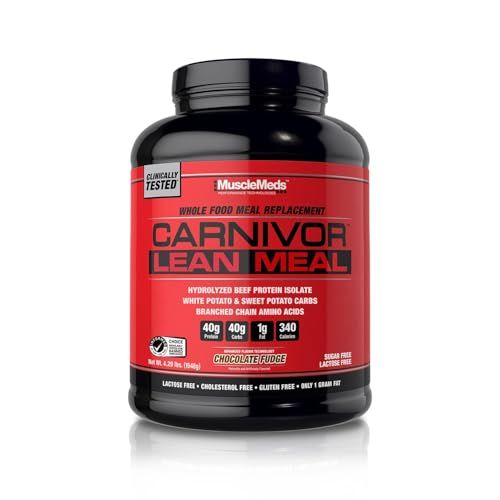 MuscleMeds CARNIVOR LEAN MEAL whole food meal replacement shake, MRE, beef protein isolate, white potato, sweet potato, 40g protein, 40 g carbs, lactose free, sugar free, Chocolate Fudge 20 servings