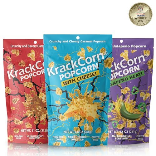 KrackCorn Popcorn Variety Pack - Original (11 Oz), Cheddar and Jalapeno (8.5 Oz) Flavored Popcorns, Gluten-Free &amp; Non-GMO Healthy Snacks Adults &amp; Kids, Individual Bags for Snack, Pack of 3
