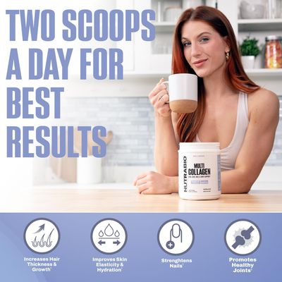 NutraBio Multi Collagen Powder- Hydrolyzed Collagen Peptides for Glowing Hair &amp; Skin- Grass-Fed- Collagen Powder for Women and Men- 45 Servings