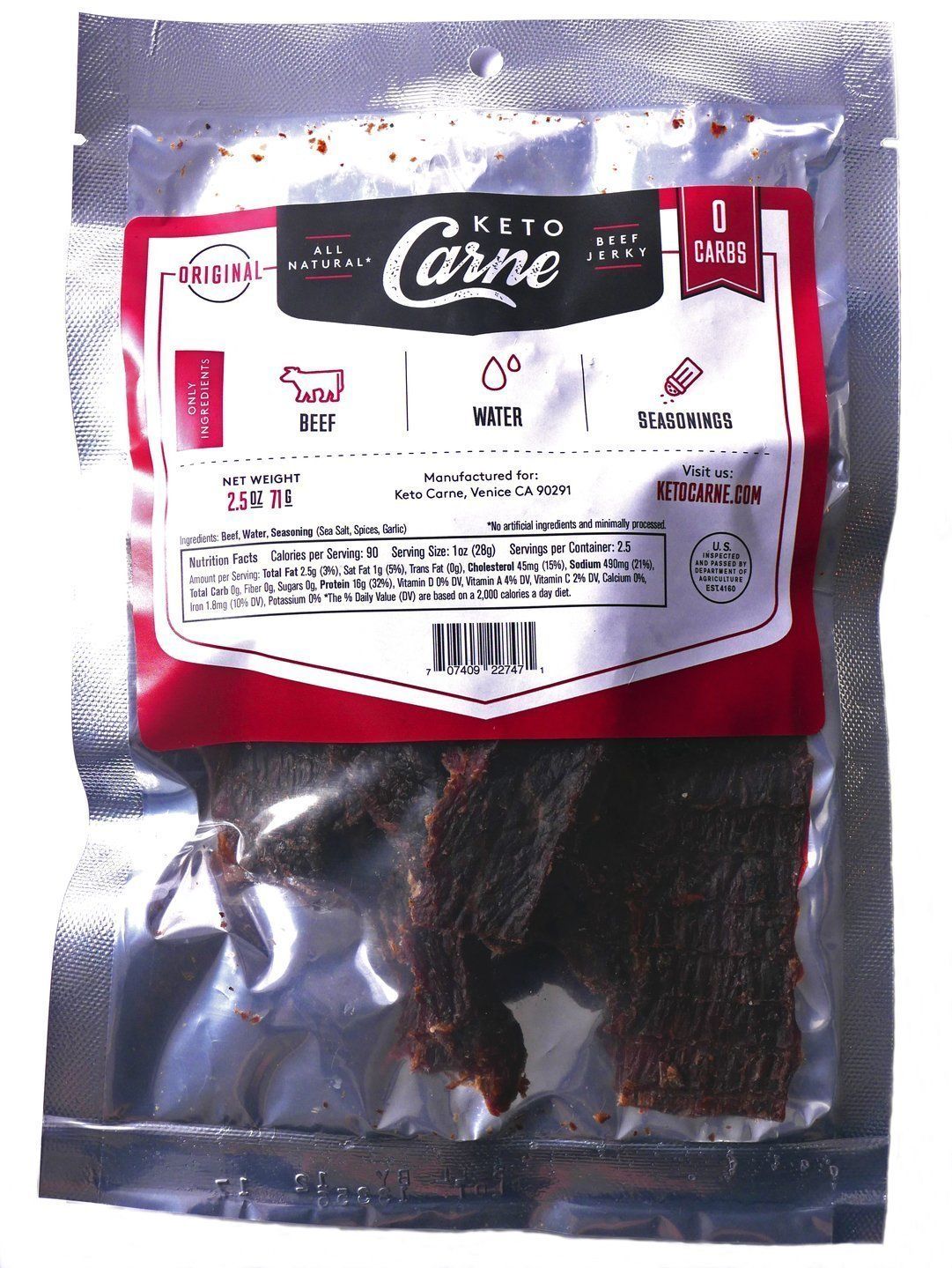 KETO CARNE  Healthy Keto &amp; Low Carb Beef Jerky  0g Carb  0g Sugar  Sugar Free, Zero Carb  Gluten Free  Soy Free  Preservative Free  Nitrate Free  All Natural  Pack of 4