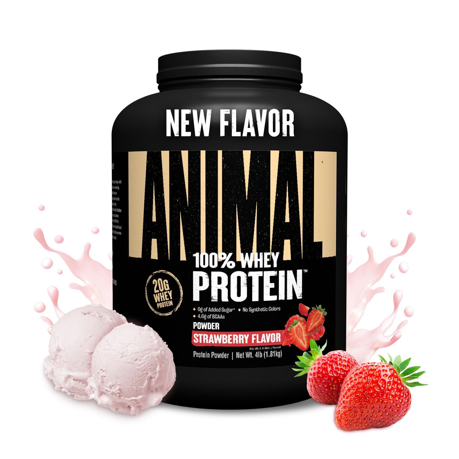 Animal 100% Whey Protein Powder - Whey Blend for Pre or Post Workout, Recovery, Anytime Low Sugar Protein Boost Meal Replacement with BCAA Branched Chain Amino Acids - New Flavor, Strawberry, 4 lb