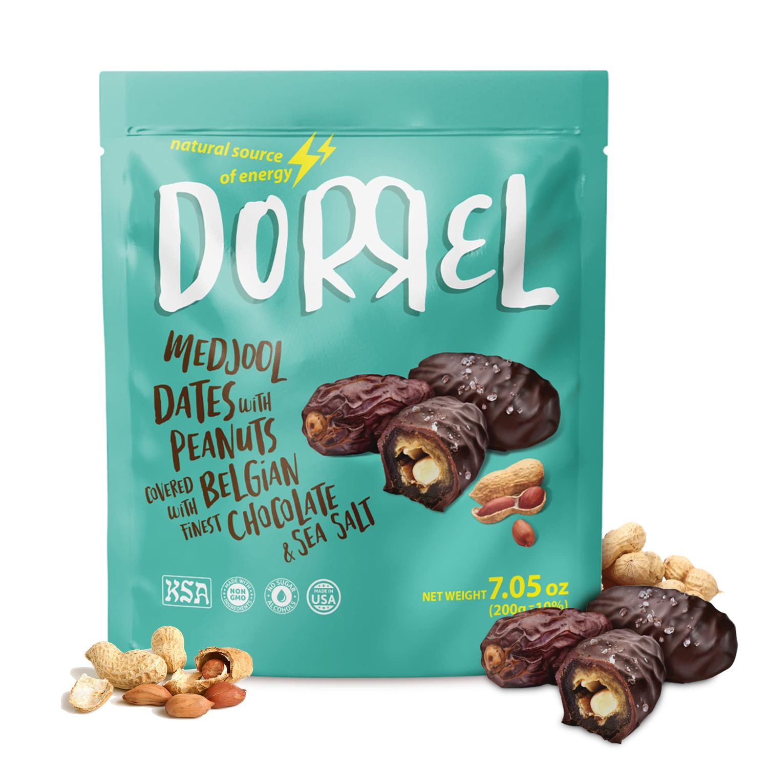 Dorrel Belgian Dark Chocolate Covered Medjool Dates Stuffed with Salted Peanuts, High-Energy Source, Nutritious and Sweet Snacks, Non-GMO, Kosher, 1 Pack