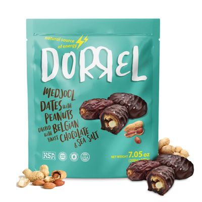 Dorrel Belgian Dark Chocolate Covered Medjool Dates Stuffed with Salted Peanuts, High-Energy Source, Nutritious and Sweet Snacks, Non-GMO, Kosher, 1 Pack