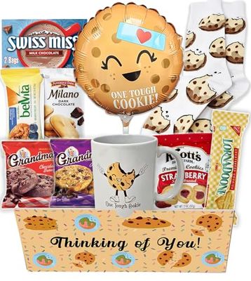 Get well Soon, One Tough Cookie Gift Basket, Care package Snack Box w/Cookie, Balloon, Mugs &amp; Socks Feel better son for Adults teenagers or kids, Original unique gift box