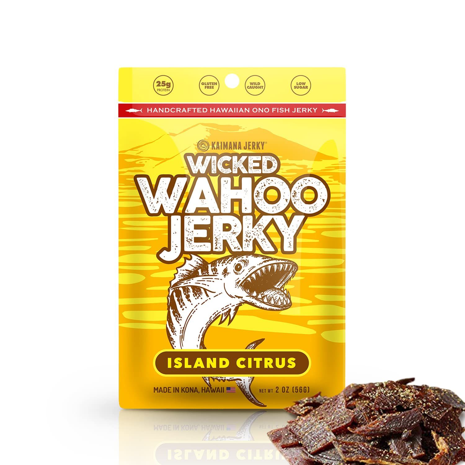 Island Citrus Wahoo Ono Fish Jerky - Organic Smoked Fish Strips, Rich in Omega-3 &amp; Protein, Low-Calorie, Low Sodium &amp; Sugar - Zesty Umami Flavor - 2oz Bag, Gourmet Snack by Kaimana Jerky