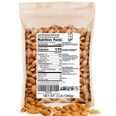 Roastery Coast - Just Roasted Almonds  3 LB Bulk Daily Nuts  Keto Snack  Lightly salted  Plant Protein  Heart Healthy  Antioxidant  Gluten Free  Non-GMO Project Verified  Low sodium