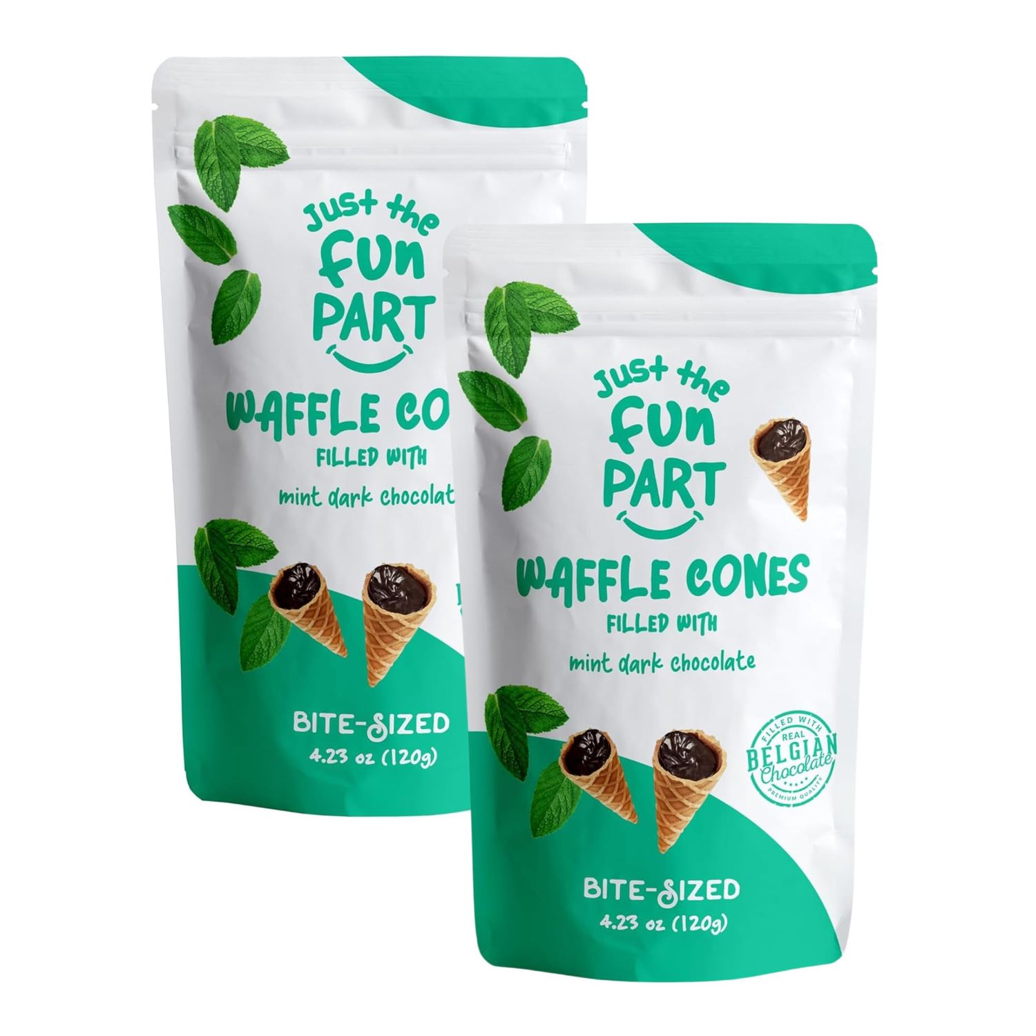Just The Fun Part  Bite-Size Crispy Mini Waffle Cones  Filled With Premium Belgian Chocolate  Great For Snacks, Desserts, Grab &amp; Go  Kosher  4.23 Ounce (Pack of 2, Mint, Dark Chocolate)