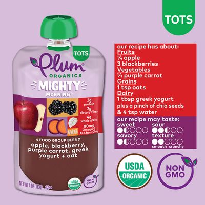 Plum Organics Mighty Food Group Blend, Organic Baby Food Meals 12 Months, Quinoa, Blackberry, Purple Carrot, Greek Yogurt & Oat, Kosher, USDA Certified Organic, Non-GMO, 4 Ounce Pouch (Pack Of 6)