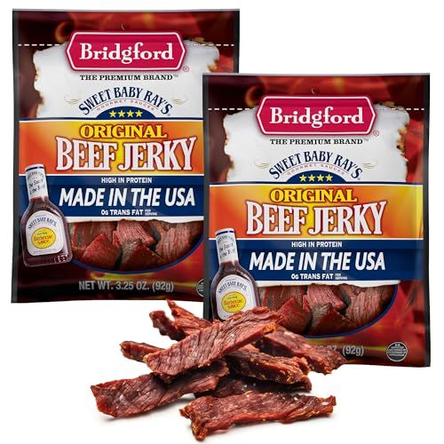 Bridgford Sweet Baby Rays Beef Jerky Original 3.25 oz Pack of 2 - Healthy High Protein Beef Jerky for Your Dietary Preferences - Ready-to-Eat Snacks for On-the-Go Snacking and Busy Lifestyles