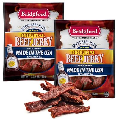 Bridgford Sweet Baby Rays Beef Jerky Original 3.25 oz Pack of 2 - Healthy High Protein Beef Jerky for Your Dietary Preferences - Ready-to-Eat Snacks for On-the-Go Snacking and Busy Lifestyles