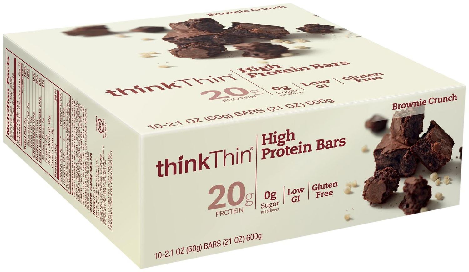think! Protein Bars, High Protein Snacks, Gluten Free, Sugar Free Energy Bar with Whey Protein Isolate, Brownie Crunch, Nutrition Bars Without Artificial Sweeteners, 2.1 Oz (10 Count)