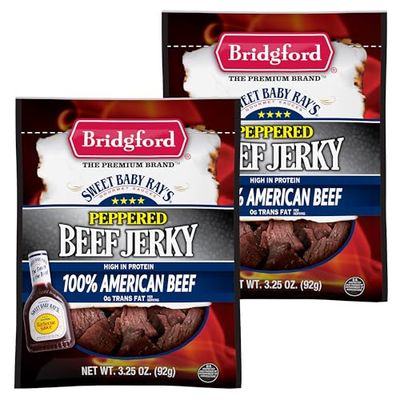 Bridgford Sweet Baby Rays Beef Jerky Peppered 3.25 oz Pack of 2 - Healthy Peppered Beef Jerky for Your Dietary Preferences - Ready-to-Eat Snacks for On-the-Go Snacking and Busy Lifestyles