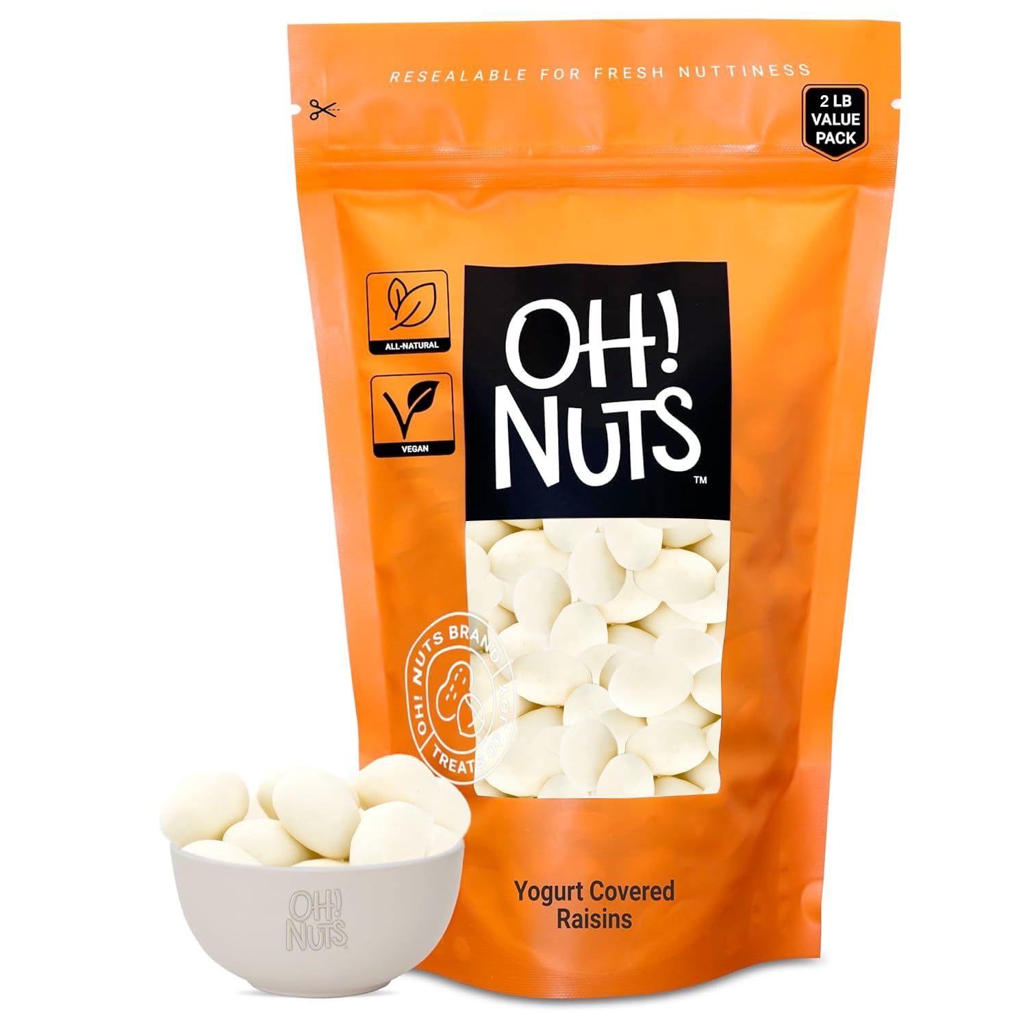 Oh! Nuts Yogurt Covered Raisins - 2lb - Sweetened Dehydrated Creamy Yogurt Fruit Bites - Packed in New York Zip-Seal Bag for Exceptional Freshness