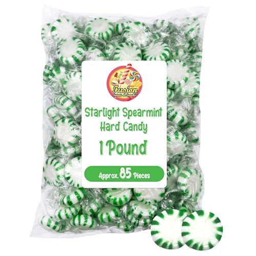 Starlight Spearmint Candy - 1 Pound Bulk (Approx 85 Pieces) Individually Wrapped - Refreshing Green &amp; White Spearmint Hard Candy Discs - Holiday Candy Speamints