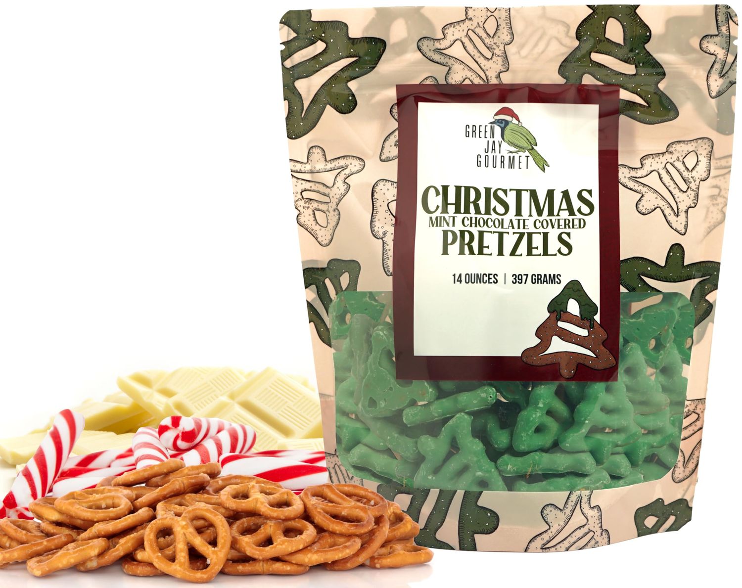 Green Jay Gourmet Christmas Mint Chocolate Covered Pretzels - Handmade &amp; Fresh Gourmet Candy - Sweet &amp; Salty Snack - Great Gift for Chocolate Lovers - 14 Ounce Bag