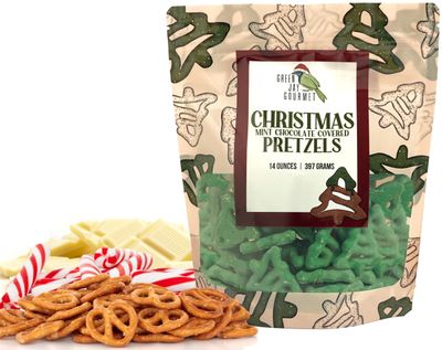 Green Jay Gourmet Christmas Mint Chocolate Covered Pretzels - Handmade &amp; Fresh Gourmet Candy - Sweet &amp; Salty Snack - Great Gift for Chocolate Lovers - 14 Ounce Bag