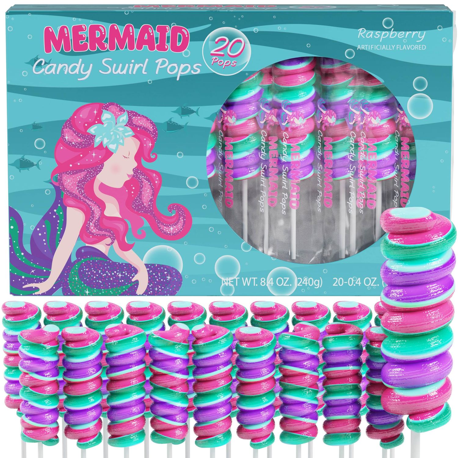 Mermaid Lollipops 20pk- Swirl Lollipops Mermaid Candy For Little Mermaid Party Favors &amp; Mermaid Party Supplies - Mermaid Suckers, Mermaid Snacks &amp; Mermaid Treats For Mermaid Birthday Party Favors