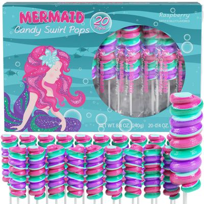 Mermaid Lollipops 20pk- Swirl Lollipops Mermaid Candy For Little Mermaid Party Favors &amp; Mermaid Party Supplies - Mermaid Suckers, Mermaid Snacks &amp; Mermaid Treats For Mermaid Birthday Party Favors