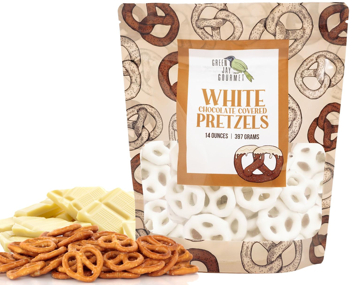 Green Jay Gourmet White Chocolate Covered Pretzels - Handmade &amp; Fresh Gourmet Candy - Sweet &amp; Salty Snack - Great Gift for Chocolate Lovers - 14 Ounce Bag