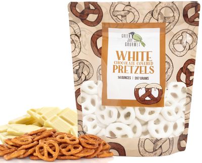 Green Jay Gourmet White Chocolate Covered Pretzels - Handmade &amp; Fresh Gourmet Candy - Sweet &amp; Salty Snack - Great Gift for Chocolate Lovers - 14 Ounce Bag