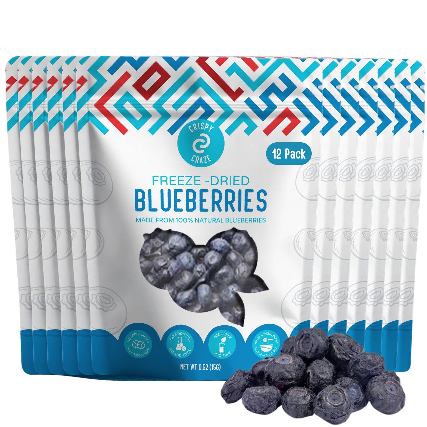 Crispy Craze Freeze Dried Blueberries (12 Snack Sized Bags, 0.52 oz Each), Whole Blueberries Fruit Crisps, Non GMO, Healthy Snack, No Added Sugar &amp; Additives, 100% Natural, Allergen Free, School Safe