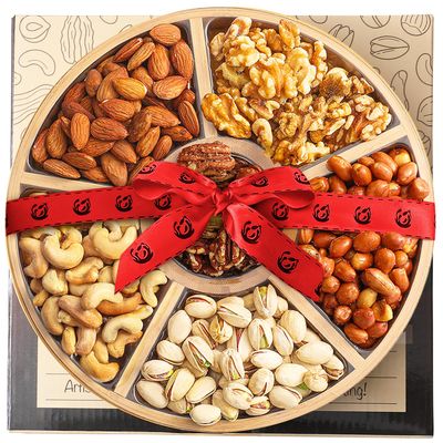 Valentines Nuts Gift Baskets - 6 Assortments of Premium Nuts - Gourmet Nut Platter  Holiday Mixed Nuts Box, Gourmet Food Gift Basket for Anniversary, Sympathy Gift Baskets, Round, Kosher, USA Made