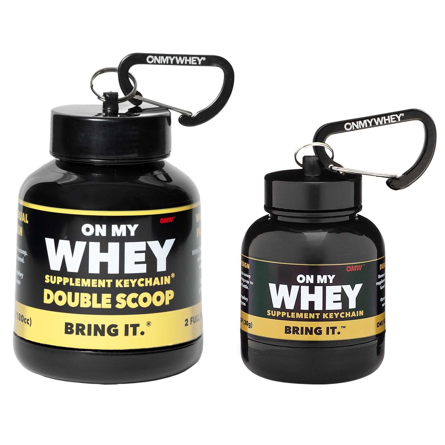 ONMYWHEY Protein Powder Container To Go - Travel Water Bottle Funnel For Mixes, Portable Pre Workout Supplement Containers &amp; Dispenser Funnels, Mini Preworkout Supplements Holder Keychain Bottles