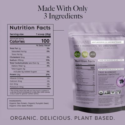 Truvani Vegan Pea Protein Powder  Unflavored  20g Organic Plant Based Protein  20 Servings  Keto  Gluten &amp; Dairy Free  Low Carb  No Added Sugar