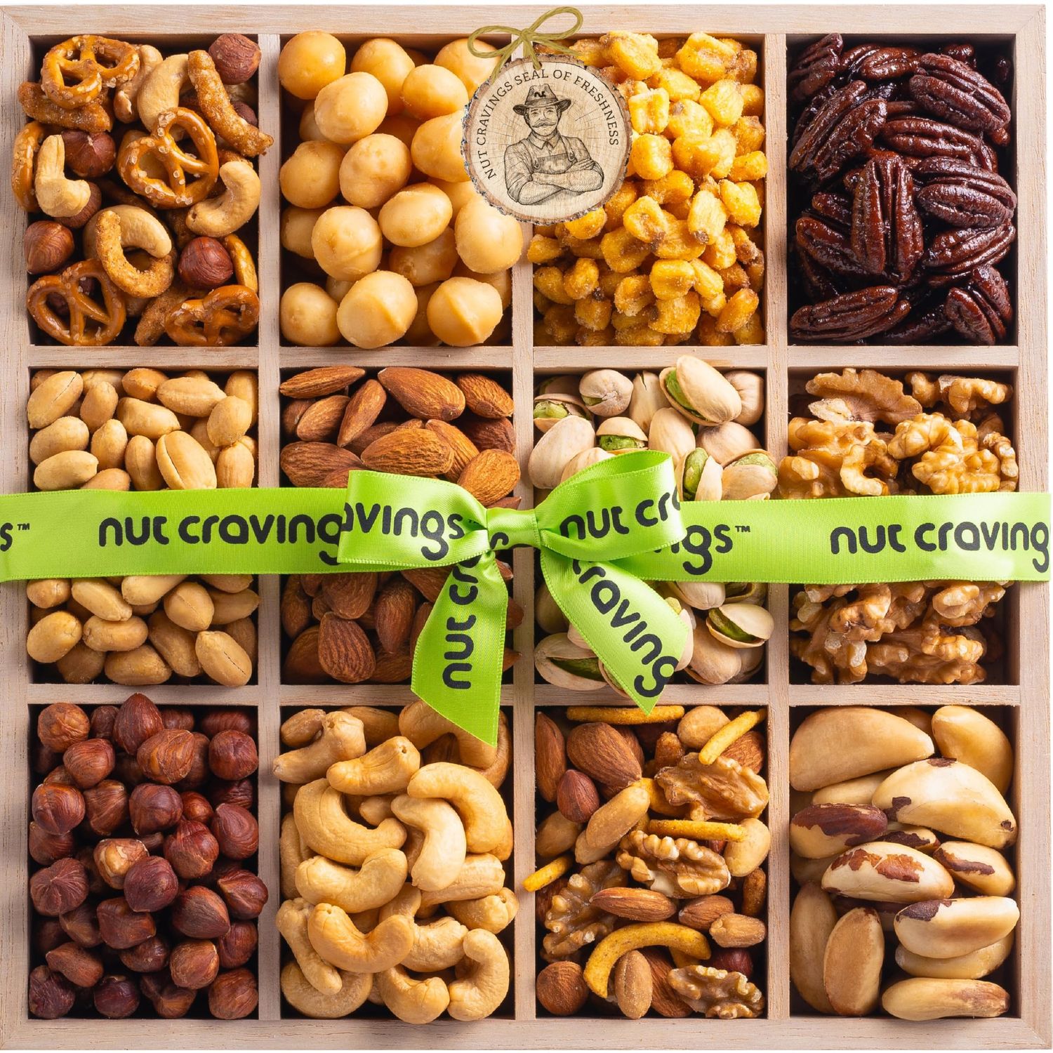 NUT CRAVINGS Gourmet Collection - Easter Treats, Mixed Nuts Gift Basket in Reusable Wooden Tray  Green Ribbon (12 Assortments) Arrangement Platter, Healthy Kosher USA Made