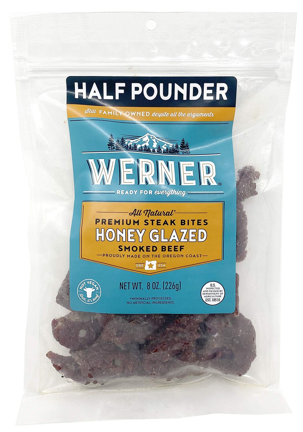 Werner Premium Steak Bites All-Natural Half Pounder Bag - 8 Ounce Resealable Bag of Premium Steak Jerky Bites Smoked Beef Snack (Honey Glazed)